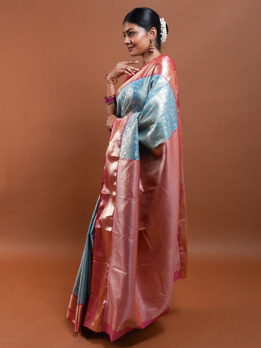Sky Blue and Rose Pink Silk Saree with Gold Zari