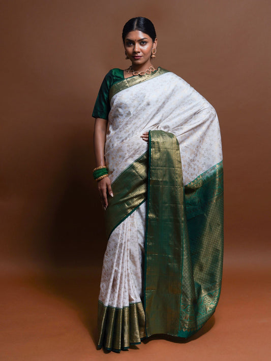 Ivory Silk Saree with Green Zari Border