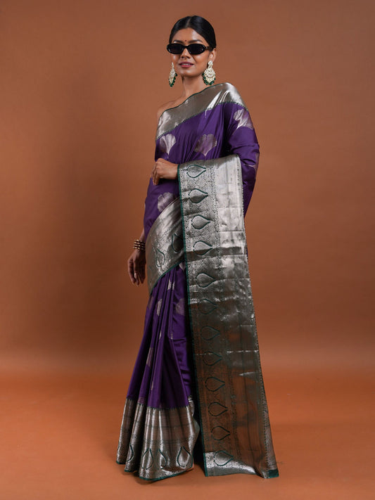 Purple and Silver Silk Saree with Silver Leaf Motifs