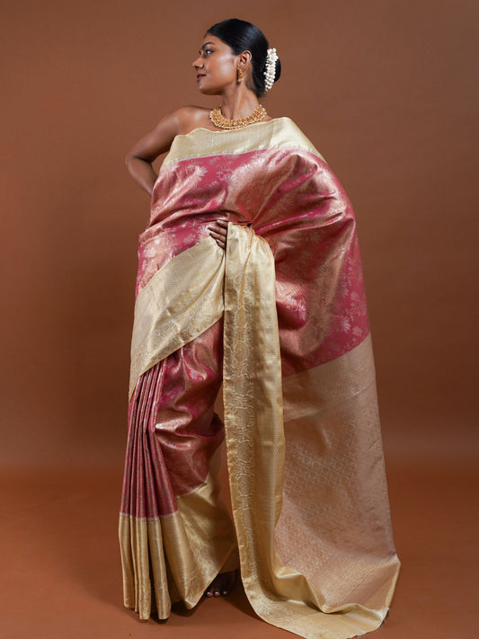 Blossom Floral Pink Silk Saree with Gold Zari Border
