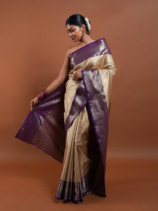 Beige and Deep Purple Silk Saree with Zari