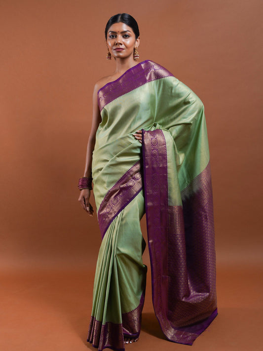 Sage Green and Plum Purple Semi-Silk Saree with Zari