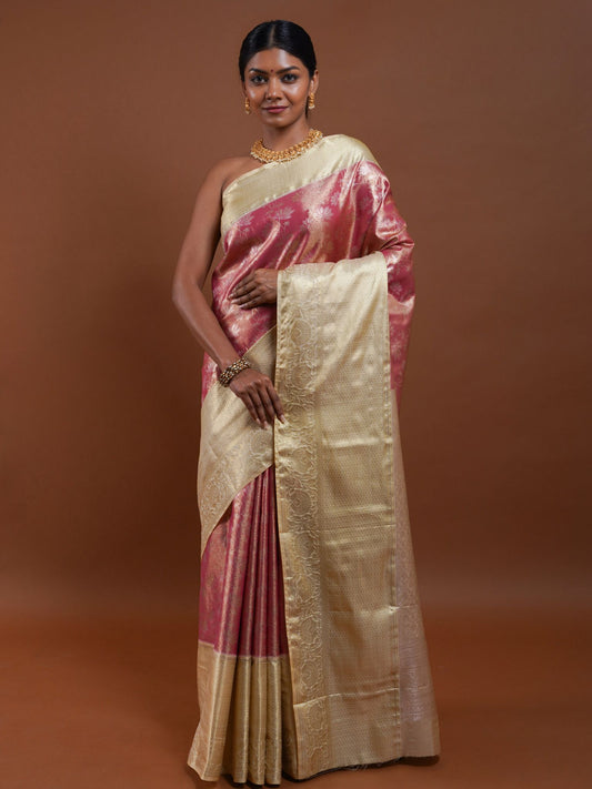 Blossom Floral Pink Silk Saree with Gold Zari Border