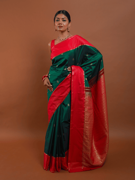 Emerald Green Silk Saree with Red Kanchi Zari Border