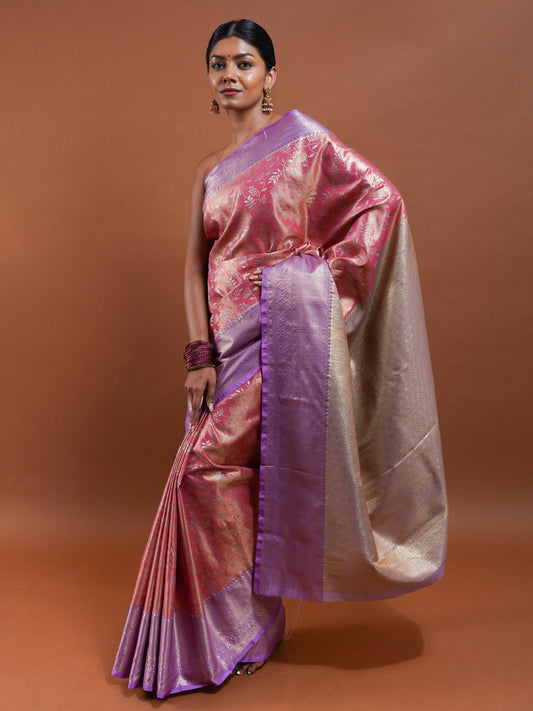 Peach and Lavender Silk Saree with Zari Detailing