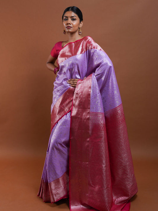 Lavender Silk Saree with Magenta Zari Border