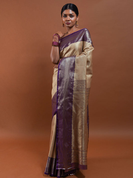 Beige and Deep Purple Silk Saree with Zari