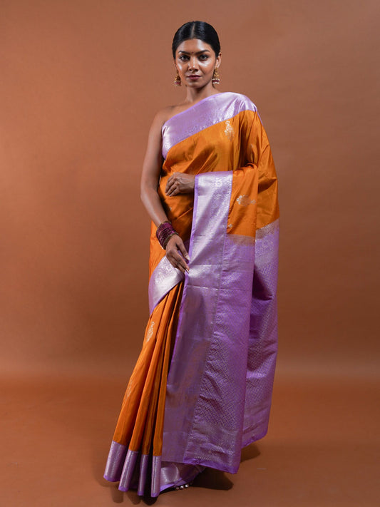 Radiant Marigold and Lavender Silk Saree