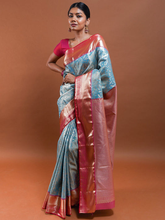 Sky Blue and Rose Pink Silk Saree with Gold Zari