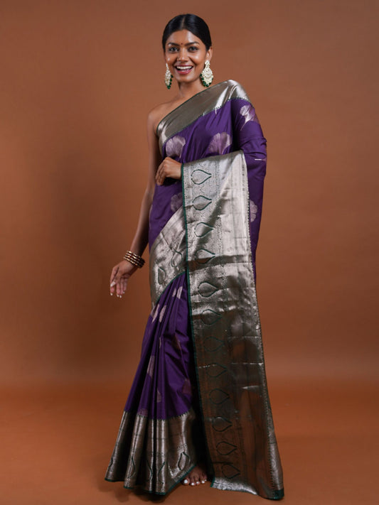 Purple and Silver Silk Saree with Silver Leaf Motifs