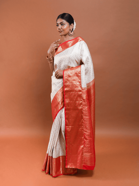 Ivory Silk Saree with Red Kanchi Zari Border and Brocade Weave