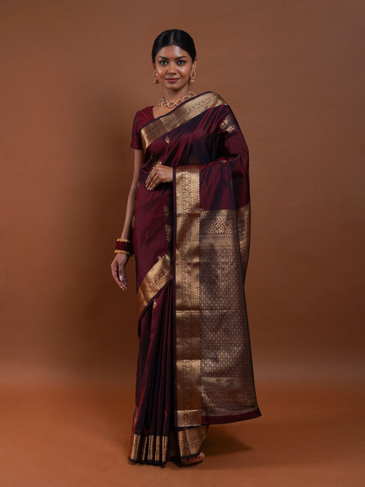 Dark Sienna Silk Saree with Gold Floral Border