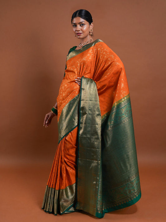 Amber Orange Silk Saree with Green Zari Border