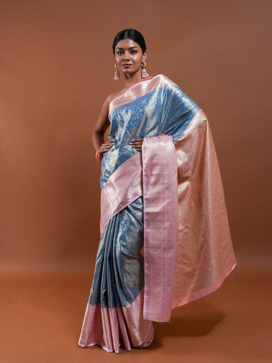Sky Blue and Bush Pink Handwoven Silk Saree