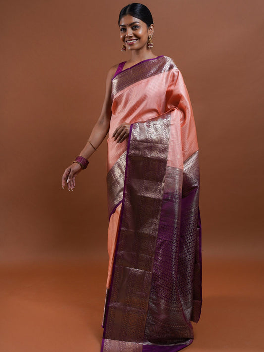 Peach and Purple Silk Saree with Antique Zari Work