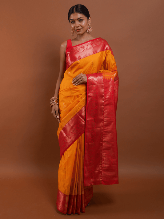 Mango Yellow Silk Saree with Red Zari Border and Brocade Weave