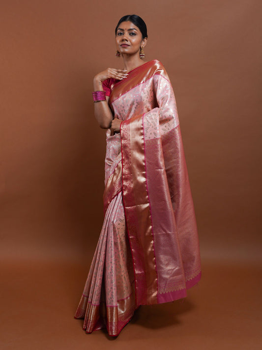 Pink and Gold Silk Saree with Silver Zari