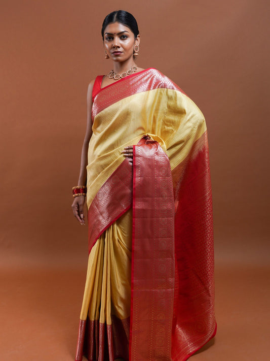 Butter Yellow Silk Saree with Red Zari Border