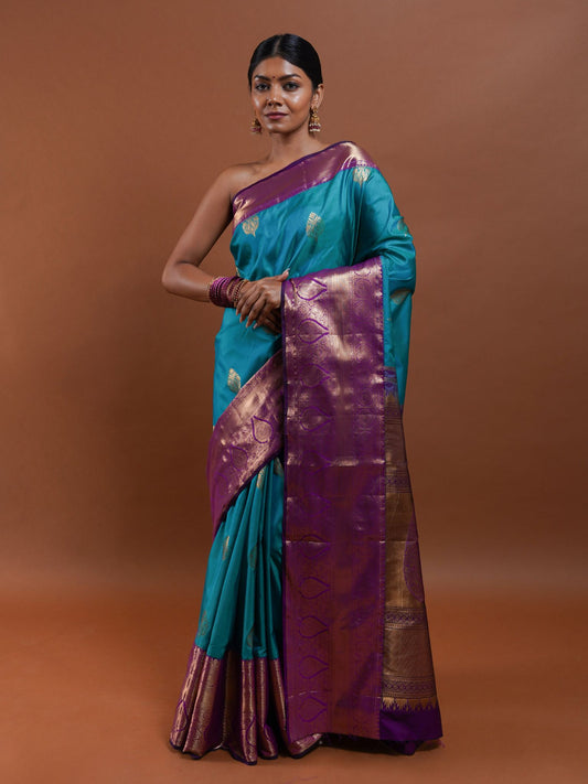 Teal and Purple Traditional Silk Saree with Zari Work