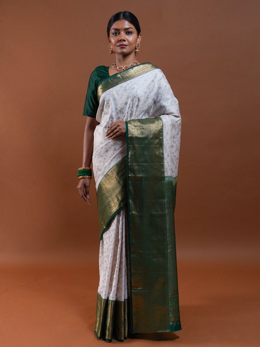 Ivory Silk Saree with Green Zari Border