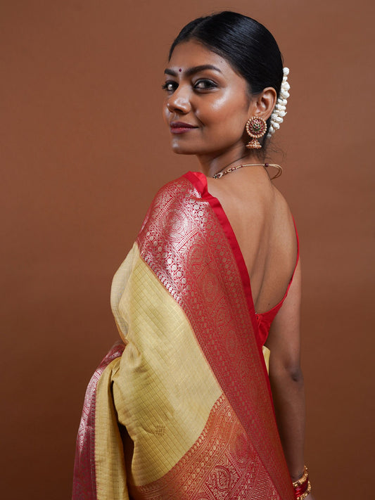 Butter Yellow Silk Saree with Red Zari Border