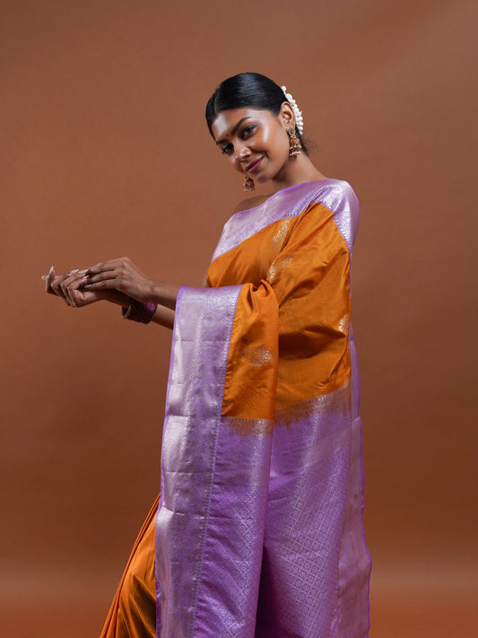 Radiant Marigold and Lavender Silk Saree