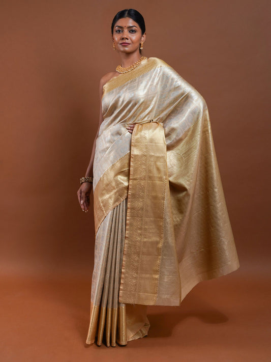 Golden Silk Saree with Silver Body and Gold Zari Border