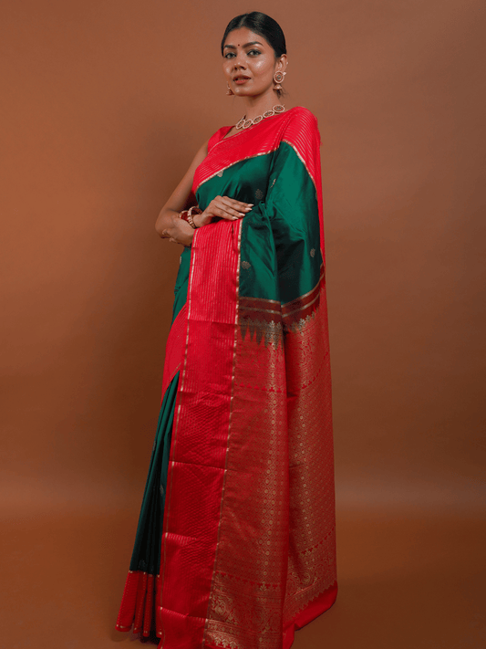 Emerald Green Silk Saree with Red Kanchi Zari Border