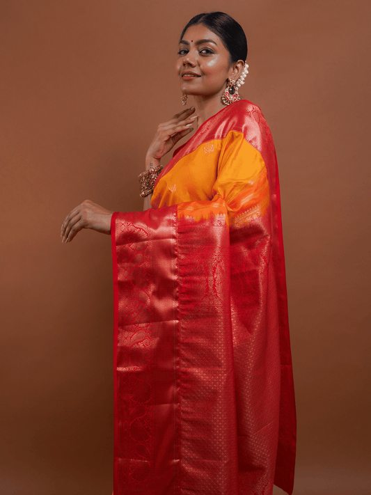 Mango Yellow Silk Saree with Red Zari Border and Brocade Weave