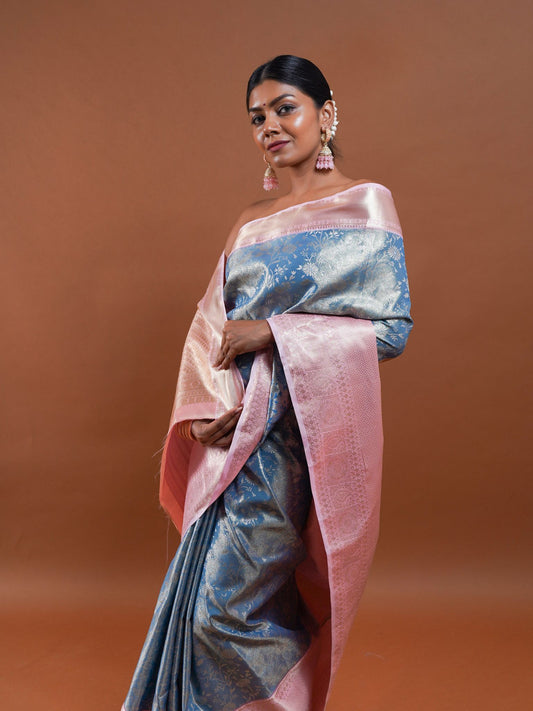 Sky Blue and Bush Pink Handwoven Silk Saree
