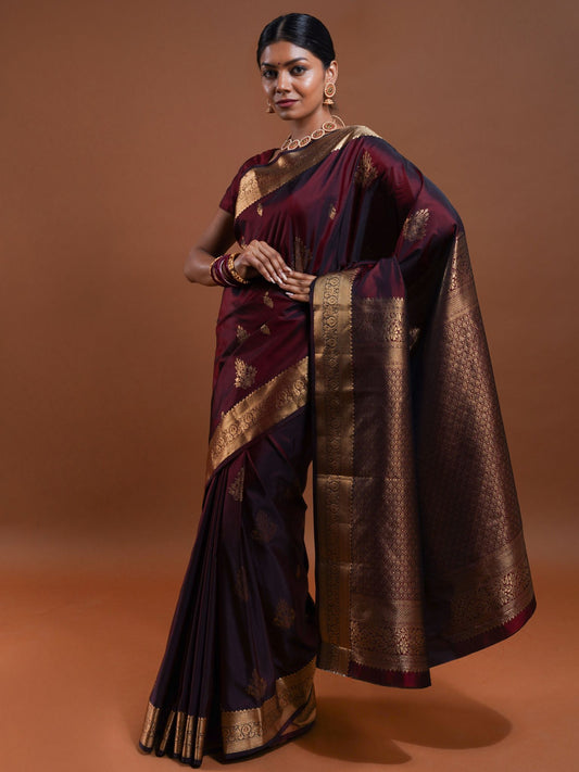Dark Sienna Silk Saree with Gold Floral Border