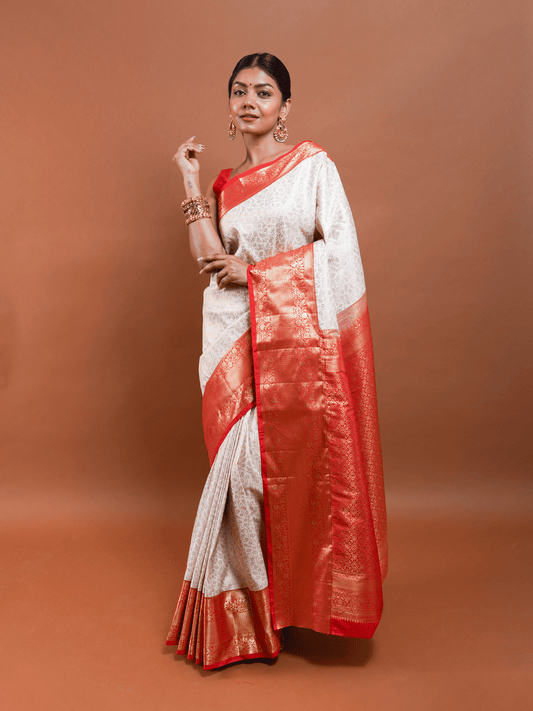 Ivory Silk Saree with Red Kanchi Zari Border and Brocade Weave