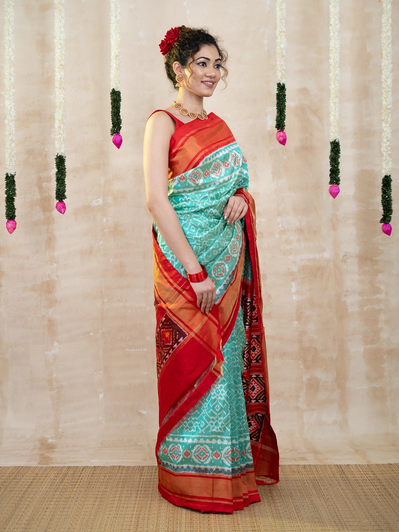 Mint Blue Red with Tissue Zari Pochampally Pure Silk Saree