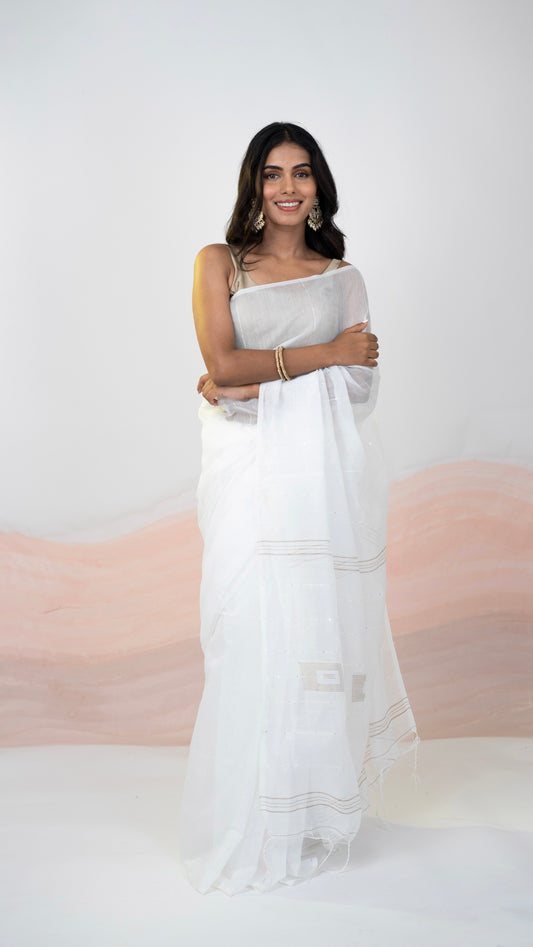 White with Gold Stripes Blended Cotton Saree