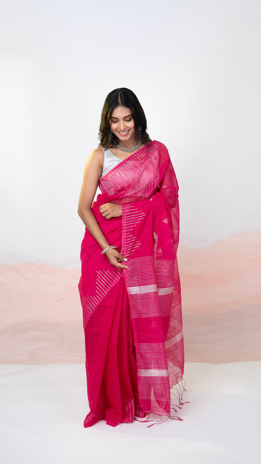 Rani Pink with Silver Temple Border Cotton Linen Saree