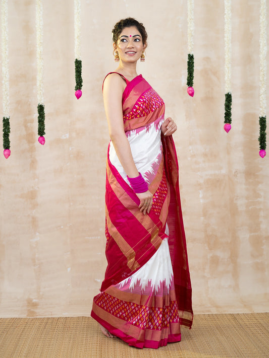 White and Rani Pink with Zari Pochampally Ikkat Pure Silk Saree