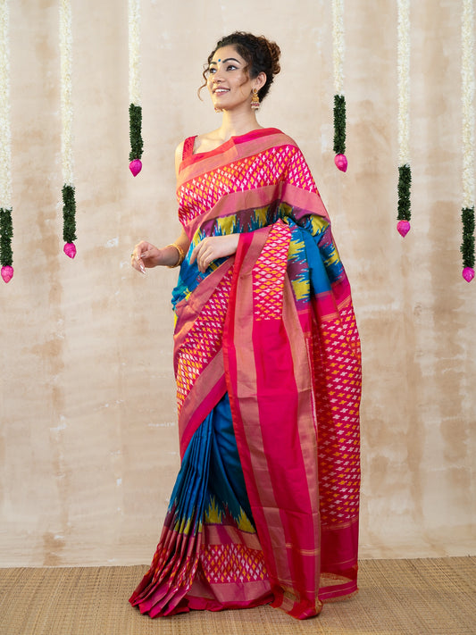 Red & Blue Two Side Border Pochampally Ikkat Pure Silk Saree