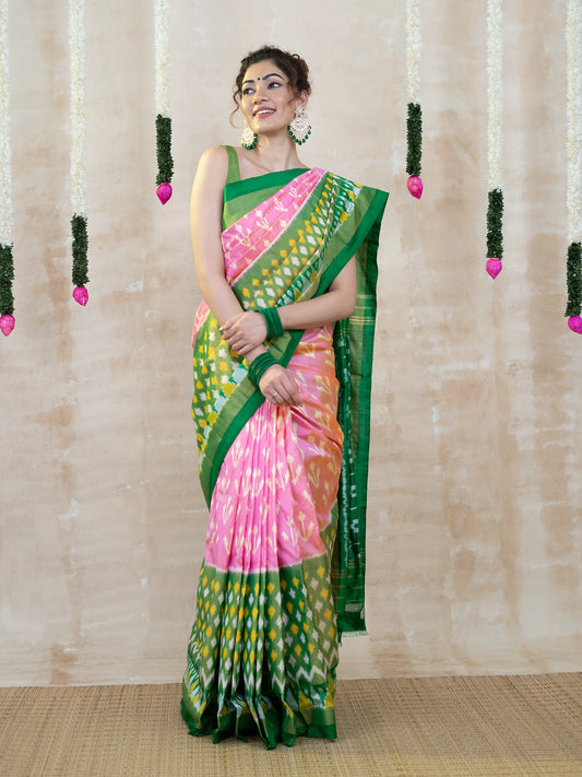 Baby Pink & Green Half Tissue Pochampally Ikkat Pure Silk Saree
