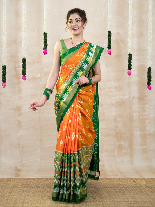 Orange & Green Half Tissue Pochampally Pure Silk Saree