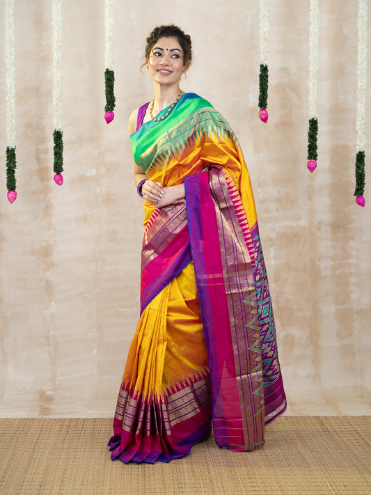 Yellow & Pink Ganga Jamuna Kanchi Border Pochampally Pure Silk Saree