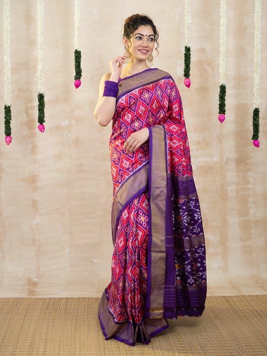 Pink & Violet Rajasthan Patola with Zari Pochampally Pure Silk Saree