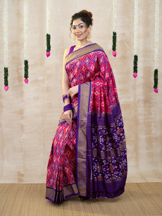 Pink & Violet Rajasthan Patola with Zari Pochampally Pure Silk Saree