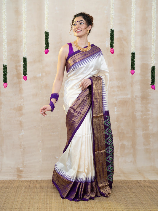 White & Violet Kanchi Zari Pochampally Pure Silk Saree