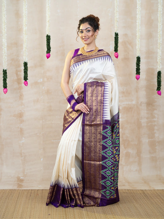 White & Violet Kanchi Zari Pochampally Pure Silk Saree