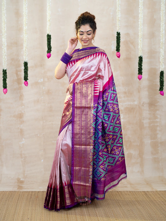 Light Pink & Violet Kanchi Zari Pochampally Pure Silk Saree