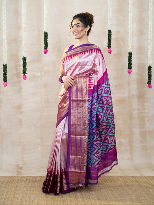 Light Pink & Violet Kanchi Zari Pochampally Pure Silk Saree