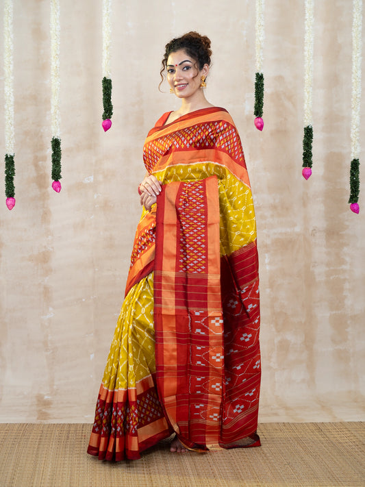 Mustard Yellow & Red Zari Pochampally Pure Silk Saree