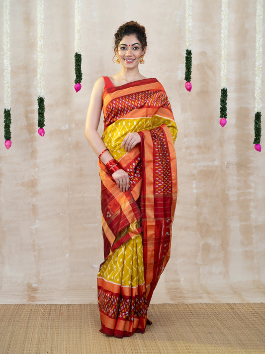 Mustard Yellow & Red Zari Pochampally Pure Silk Saree