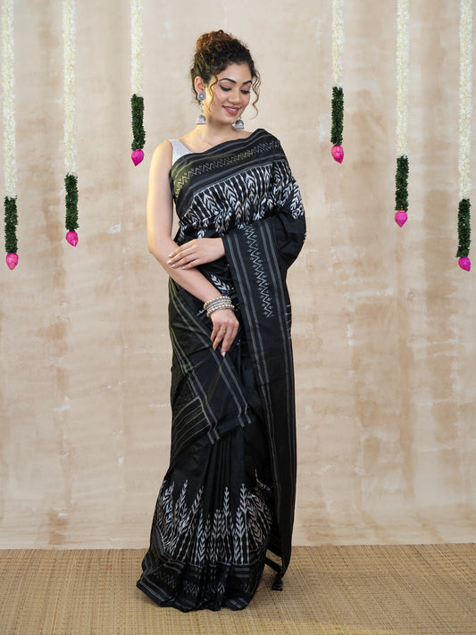 Classic Black & Silver Pochampally Ikkat Pure Silk Saree