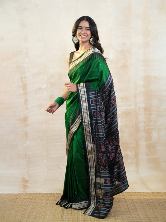 Dark Spring Green & Black Ikkat Silk Saree